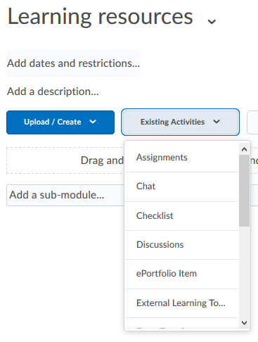 Brightspace content folder with the Existing Activities drop-down menu